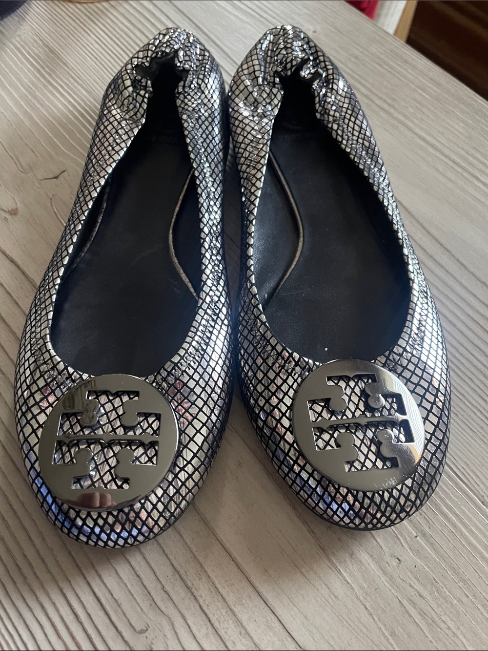Tory Burch Silver Metallic Logo Ballet Flats